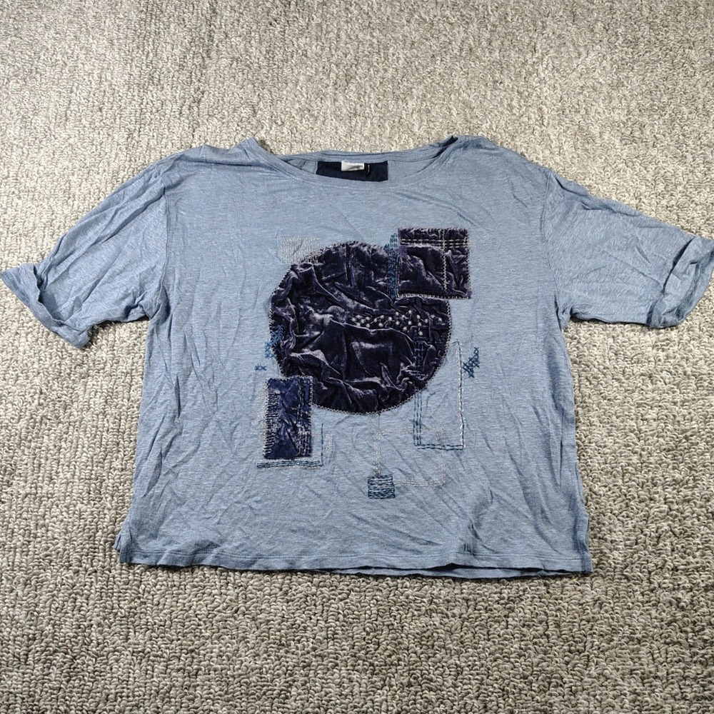 Akemi + Kin Top Blue Linen Patchwork Velvet Mixed Media Lagenlook Women Large